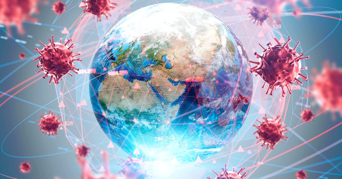 Coronavirus over hologram of the world