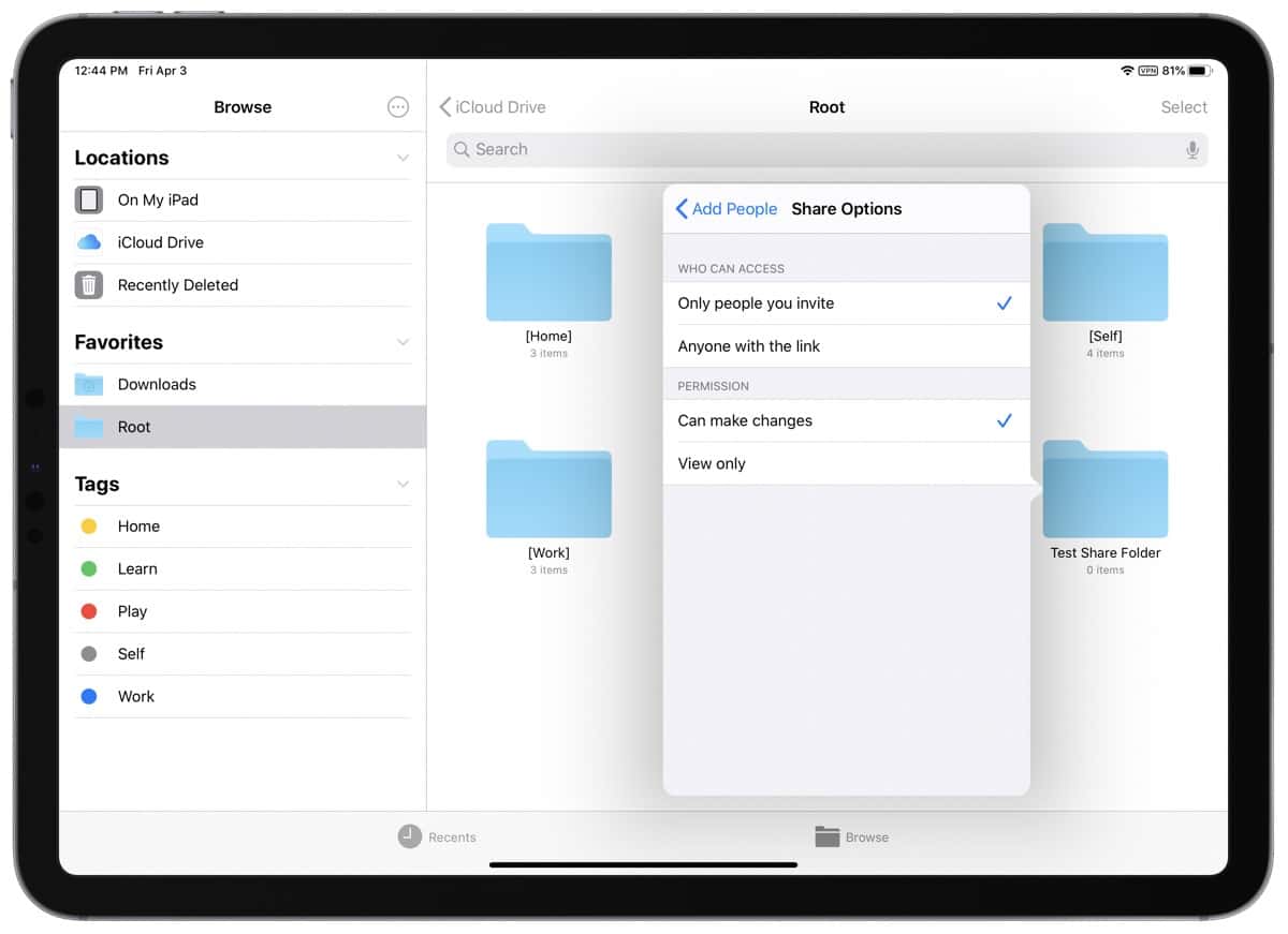 Screenshot of icloud folder sharing on iPadOS