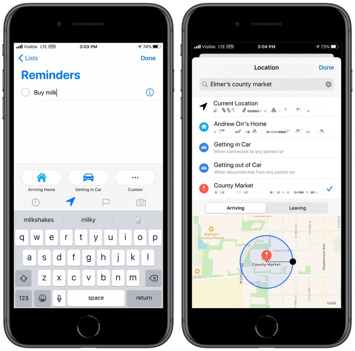 Screenshots of location aware reminders