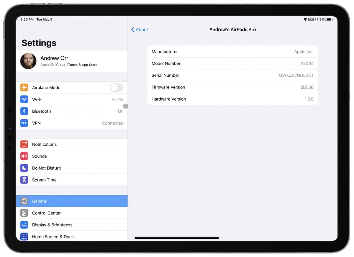 Screenshot of AirPod firmware settings on iOS.