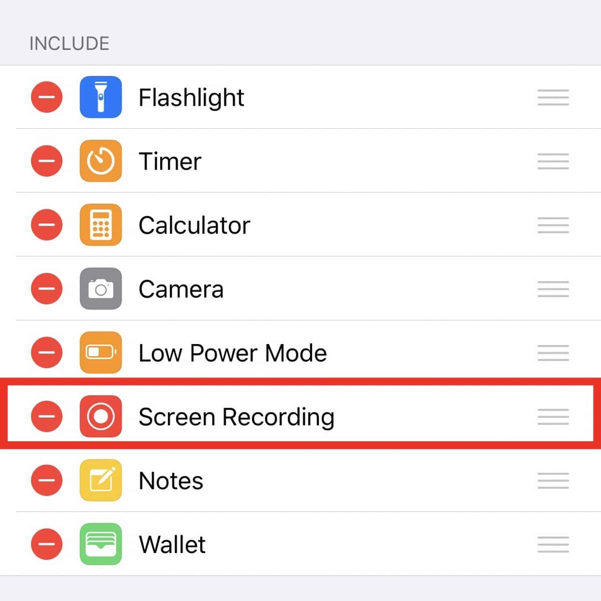 Adding Screen Recording in Settings > Control Center > Customize Controls