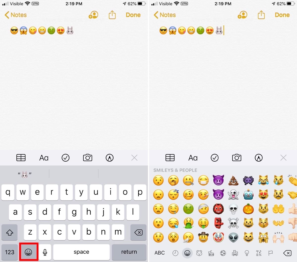 where to find iPhone emojis on the keyboard.