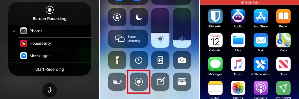 From left: Choosing the saved recording location; finding the screen recording icon in Control Center; the notification bar turning red when screen recording is active.