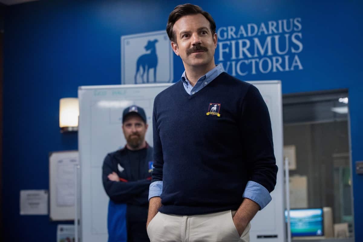 Jason Sudeikis in “Ted Lasso,” premiering August 14 on Apple TV+.
