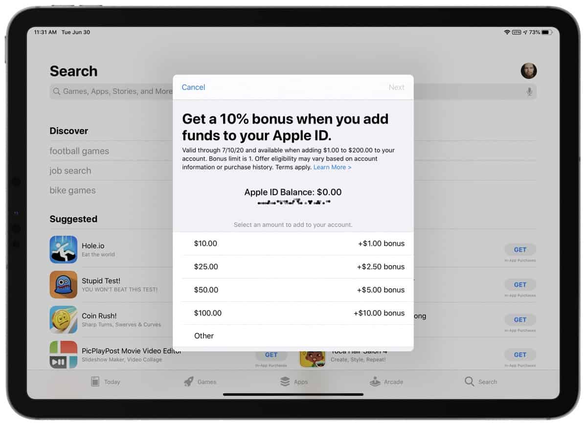 Screenshot that shows how to add funds to Apple ID in the App Store.