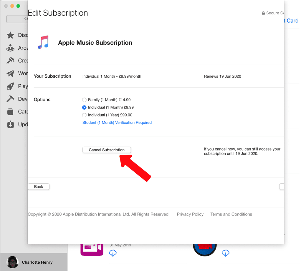 Screenshot showing Cancel Subscription button