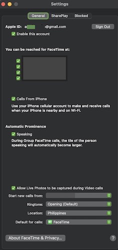 FaceTime Mac Preferences