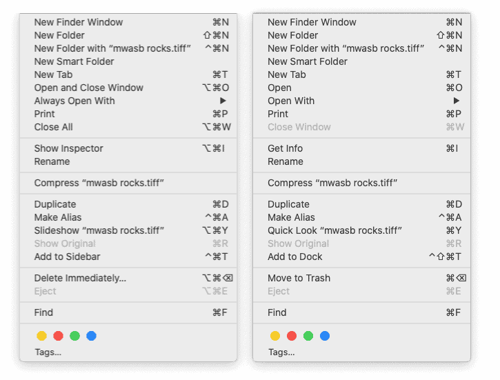 The File menu with (left) and without (right) the Option key.
