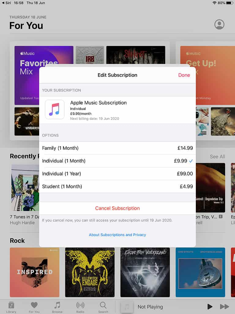 Screenshot showing Edit Subscription window for Apple Music