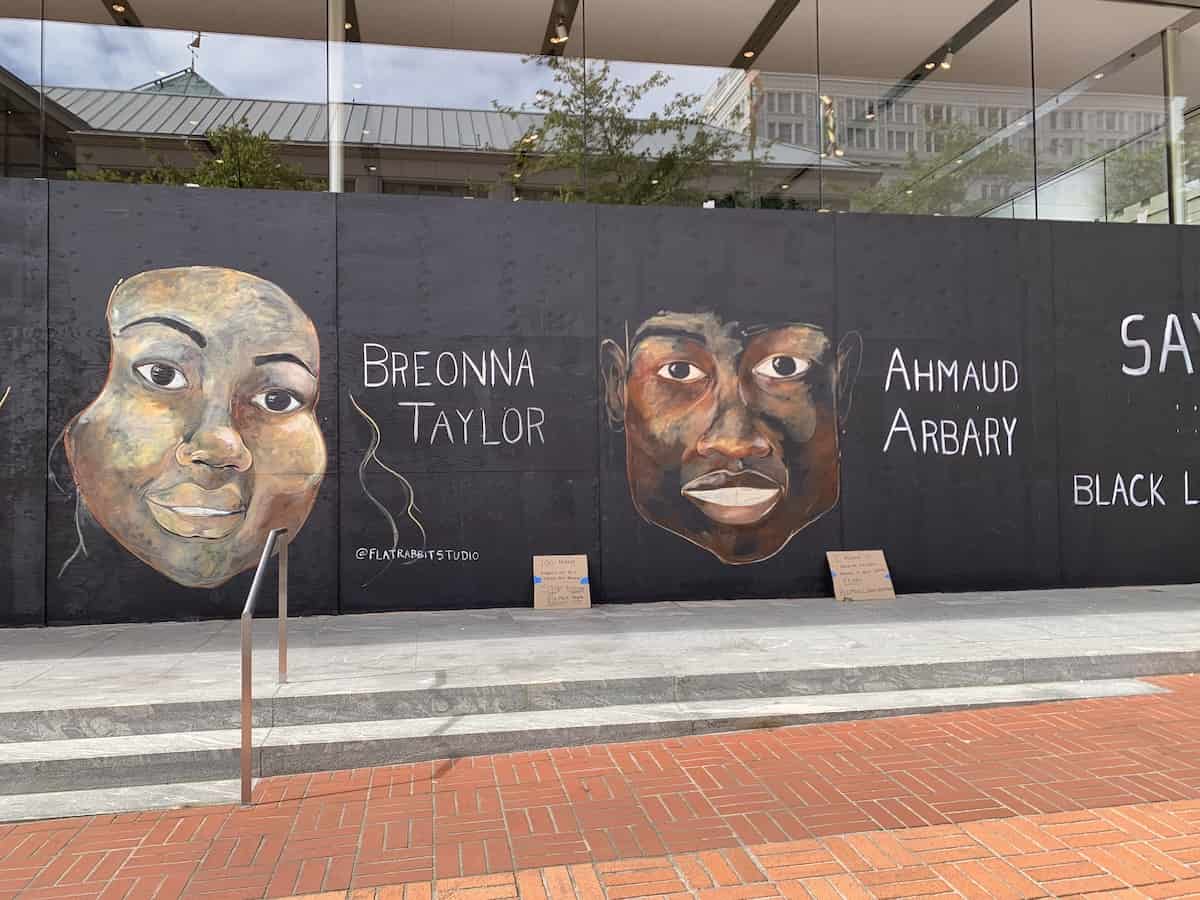 Close up of a portion of a mural on the downtown Portland Apple Store.