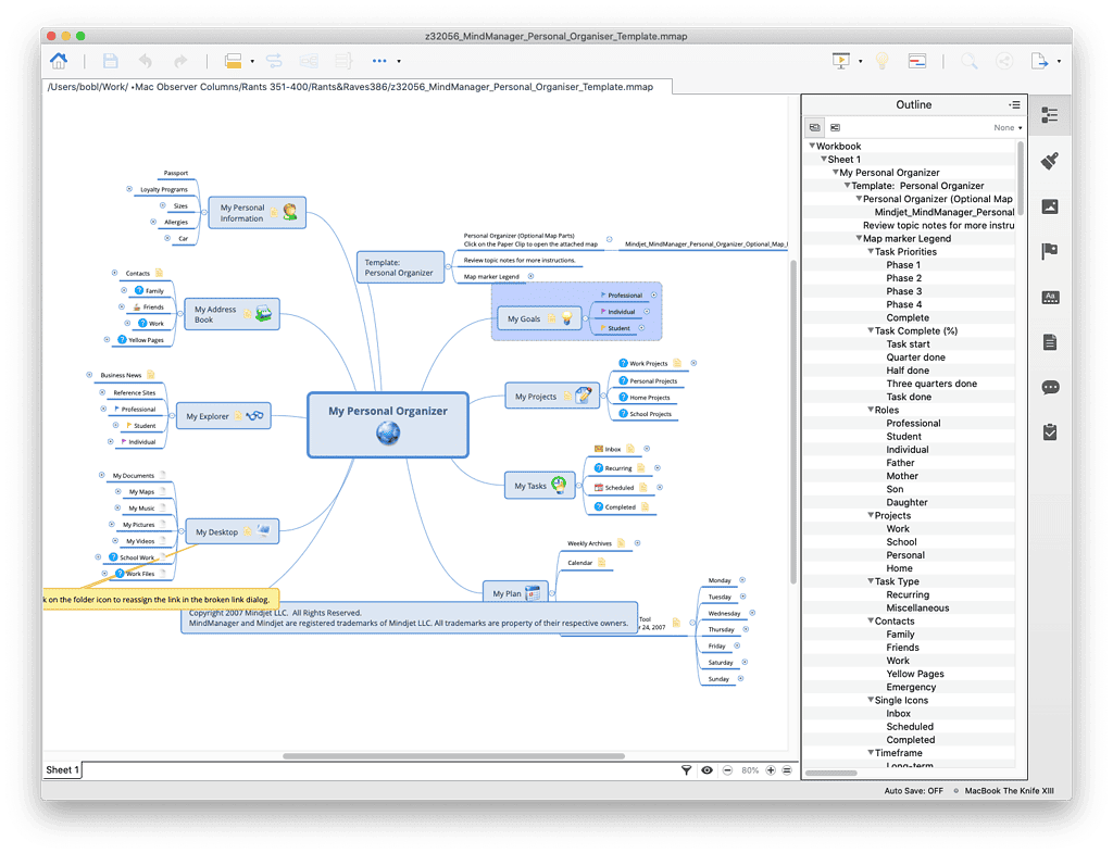 A mind-map (left) and its outline (right), shown in XMind.