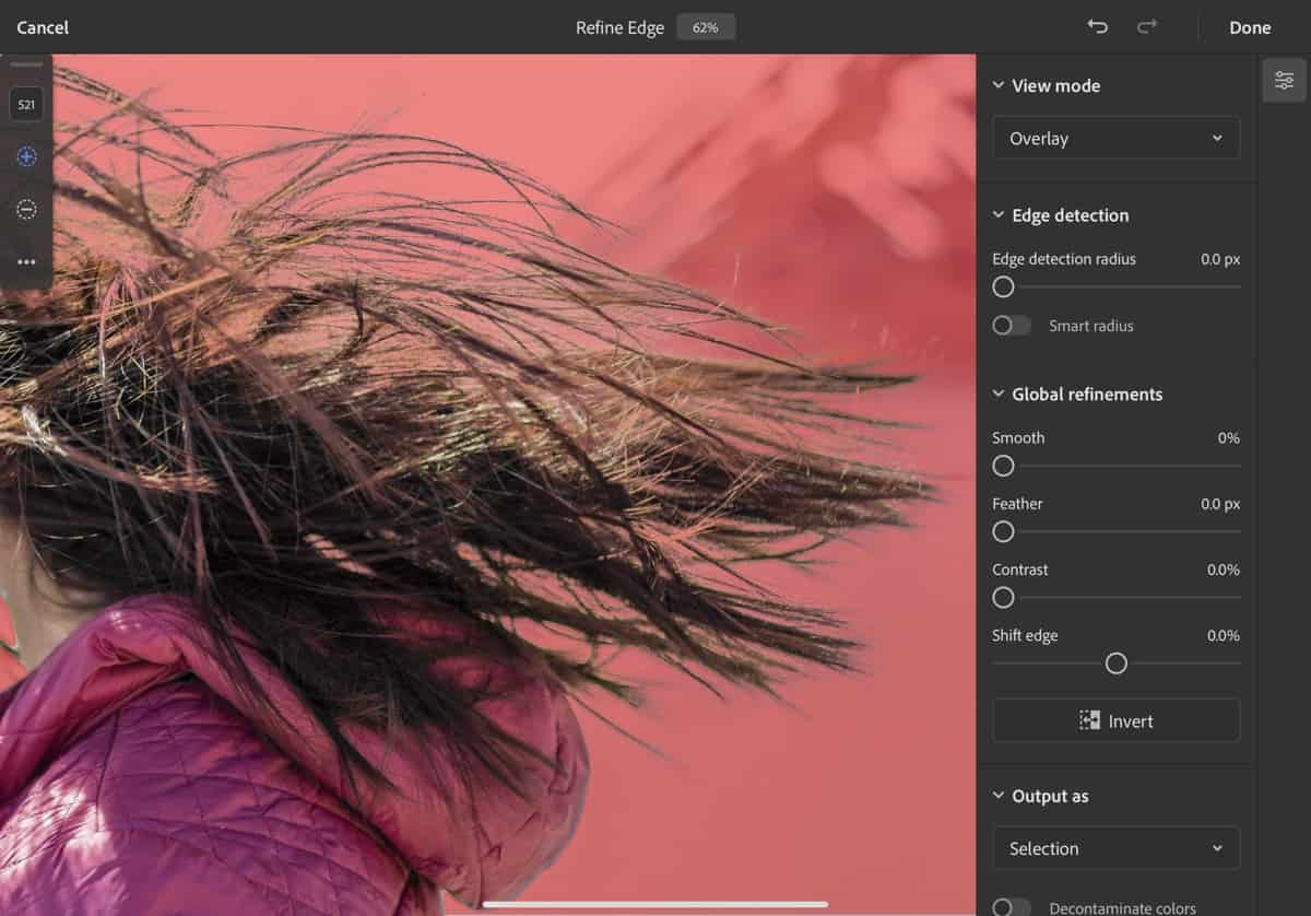 Screenshot of Adobe refine edge brush At work