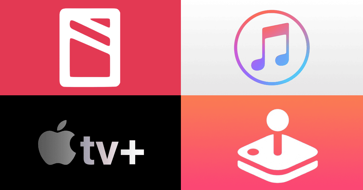 Logos for Apple Services News+, Music TV+, and Arcade