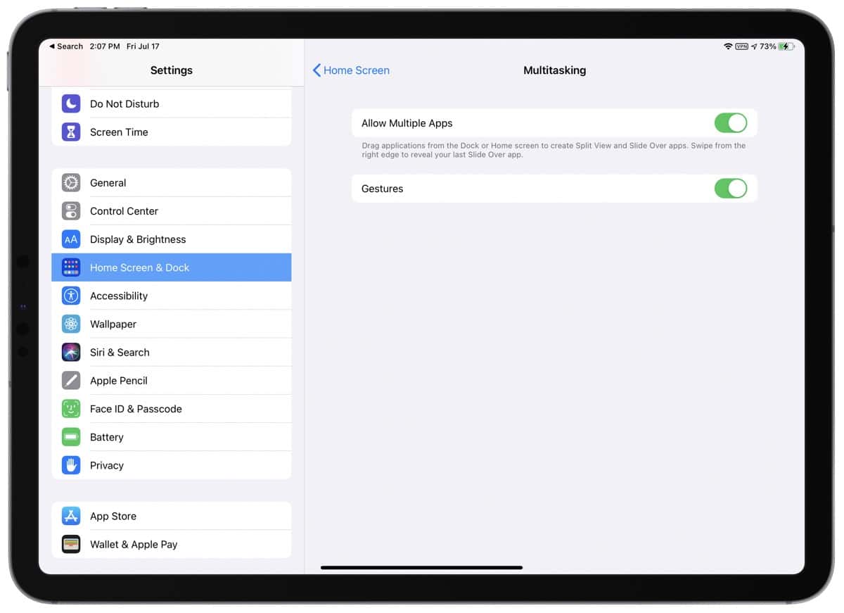 Screenshot of Multitasking in iPad settings