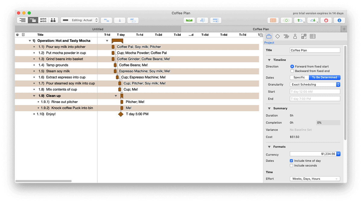 Screenshot of OmniPlan 4 with a sample project plain displayed