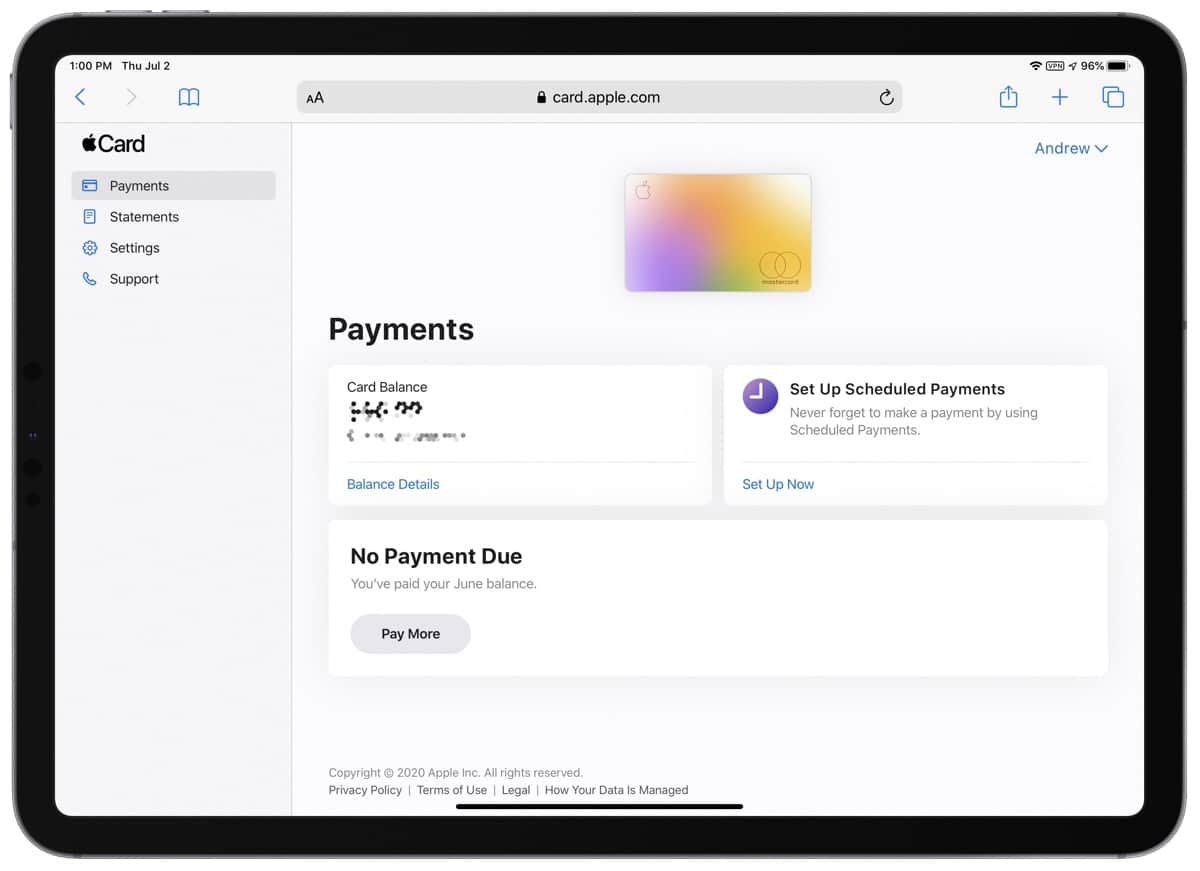 Screenshot that shows you how to Pay Apple Card bills online