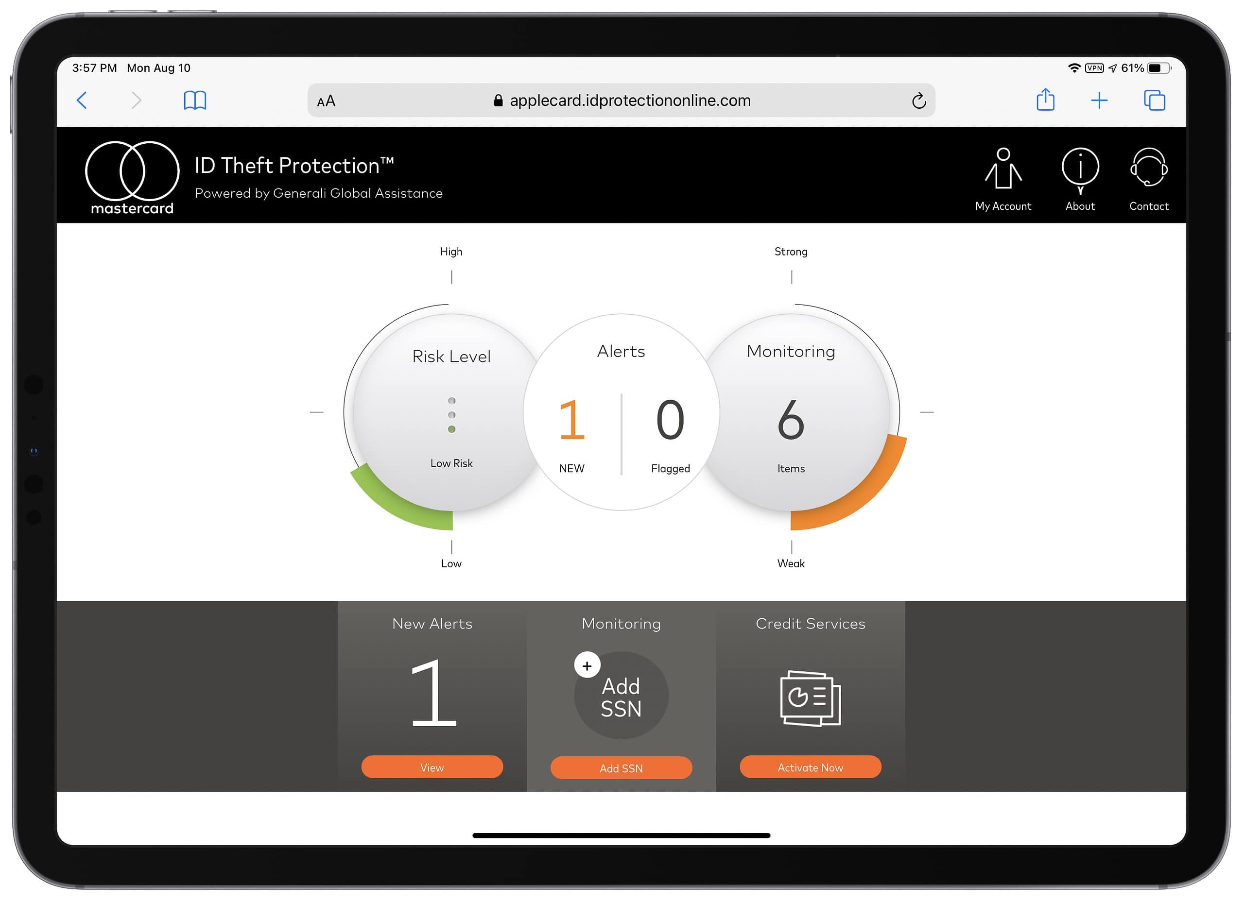 Screenshot of Mastercard ID theft protection dashboard.