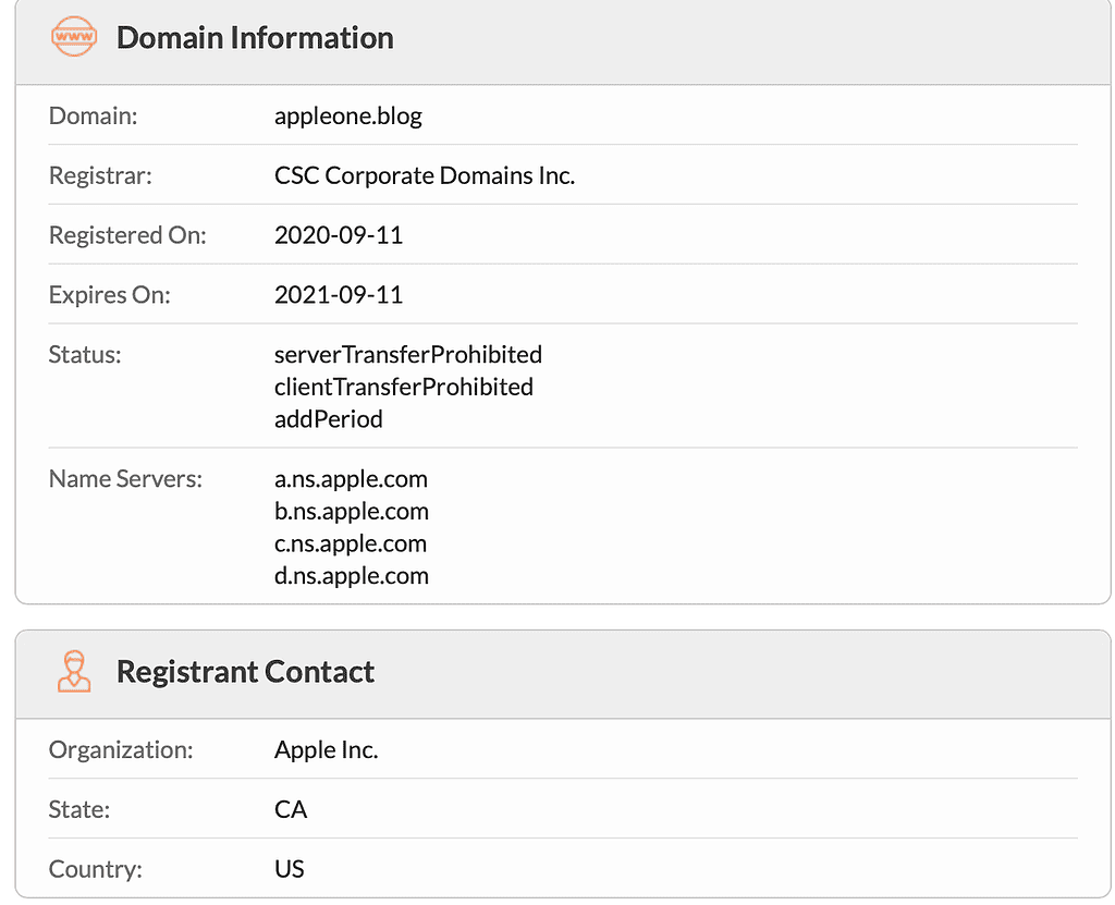 Apple One domain Whois record