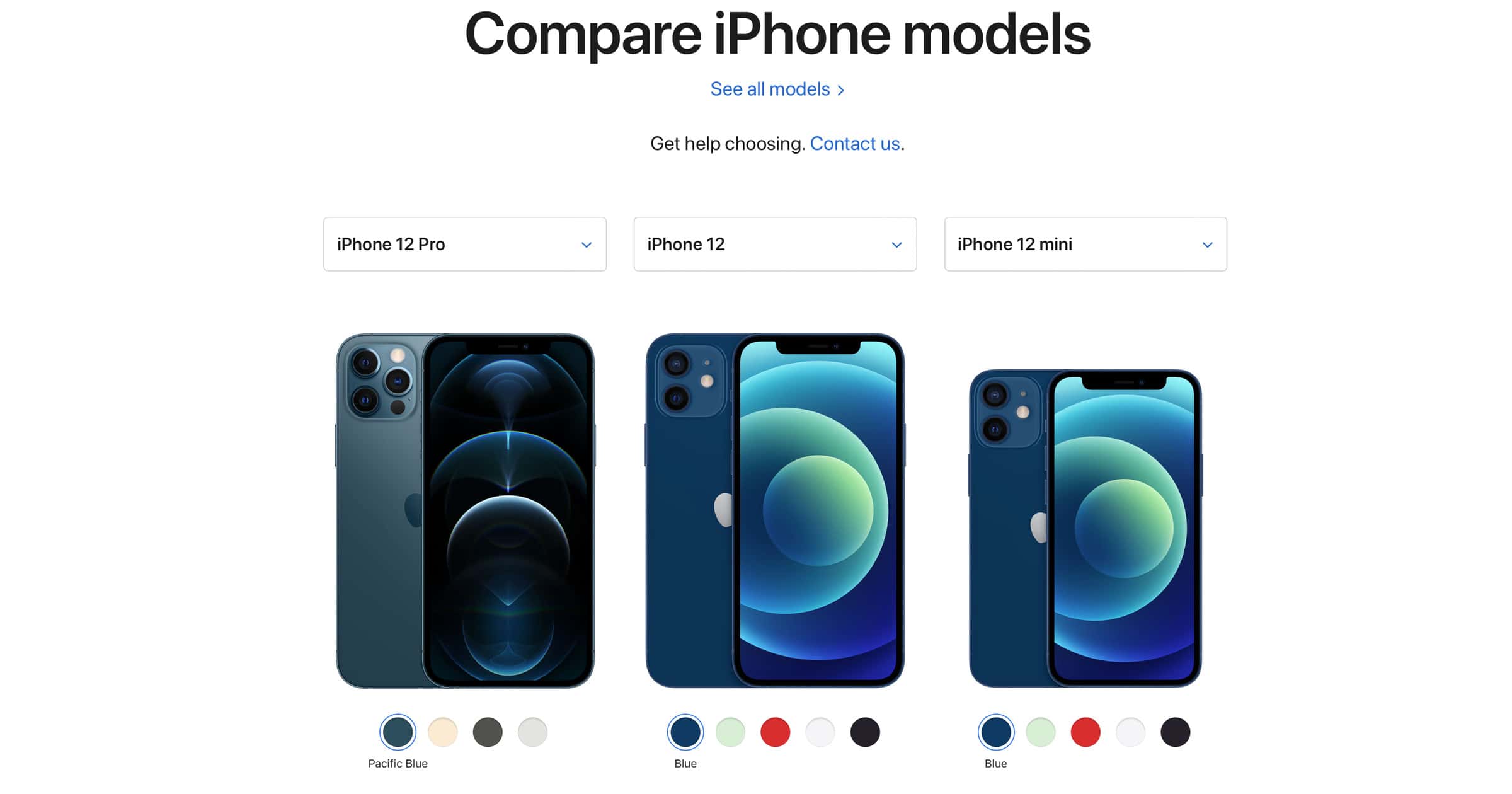 iPhone model comparison page