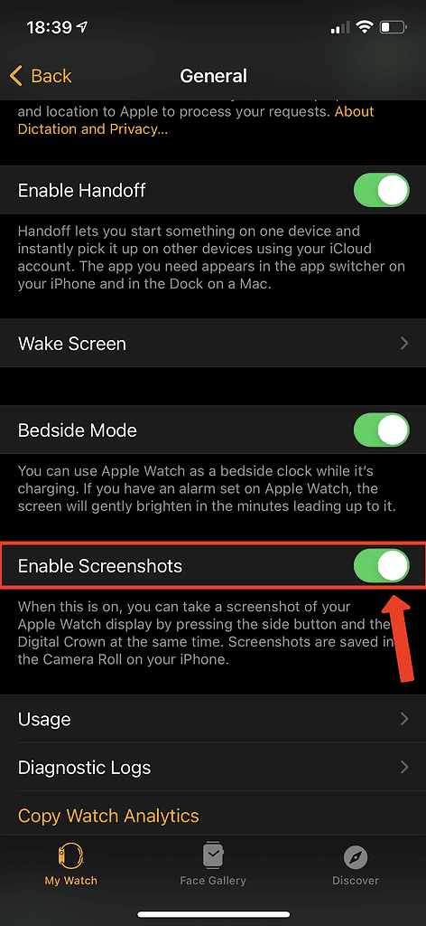 Enable screenshots iPhone watch app