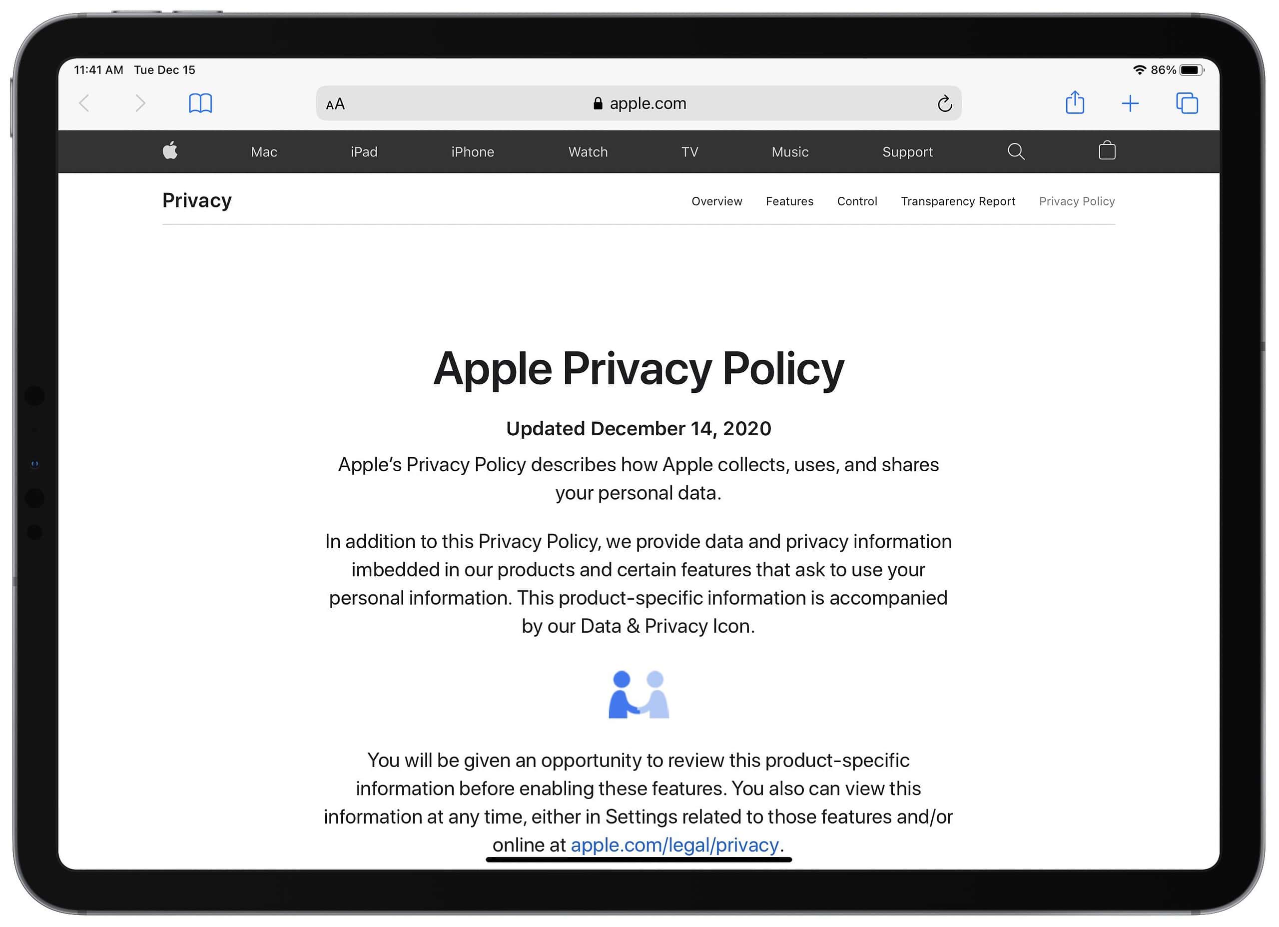 Apple privacy policy page screenshot