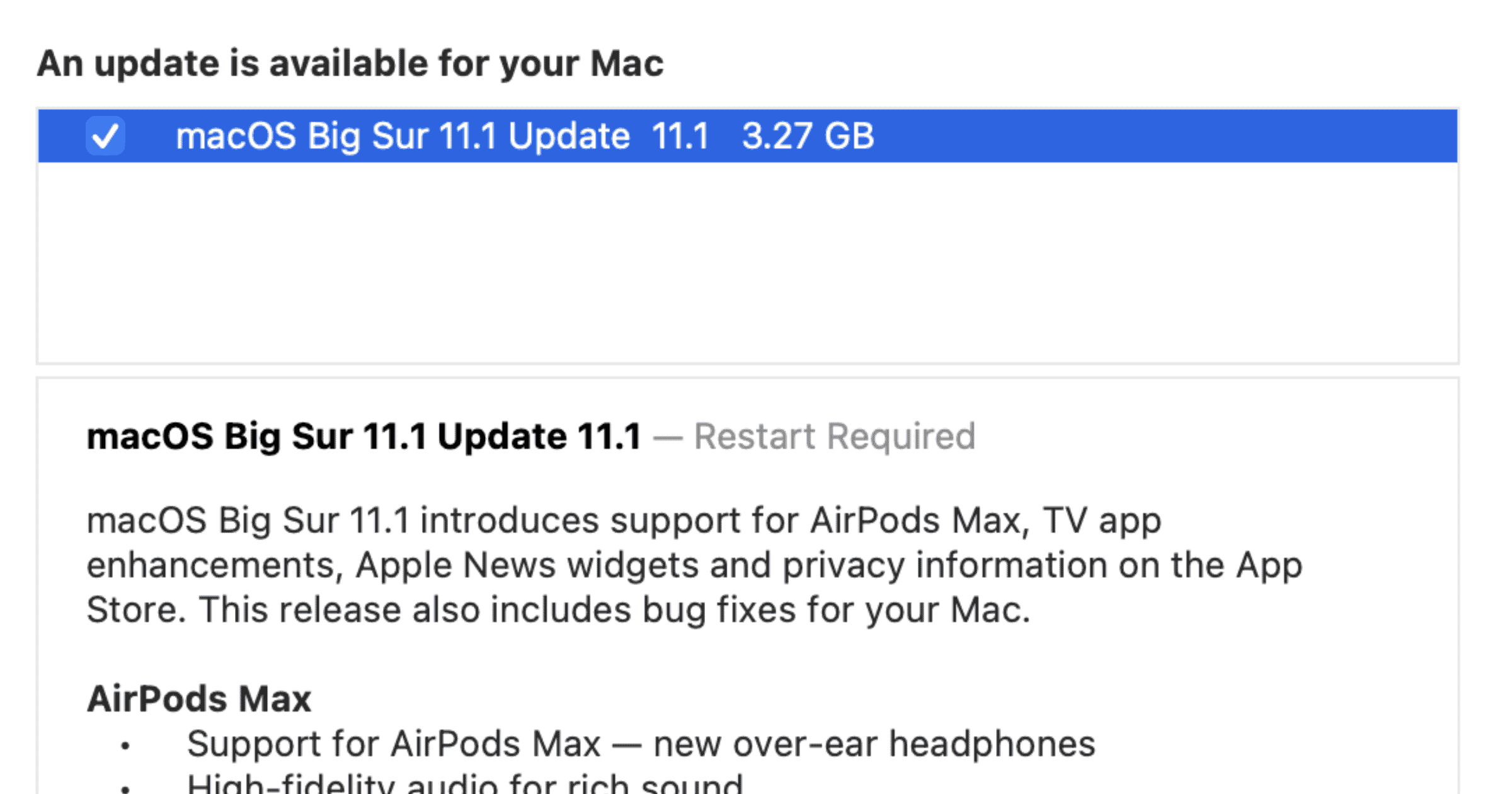 macOS Big Sur 11.1 update notice