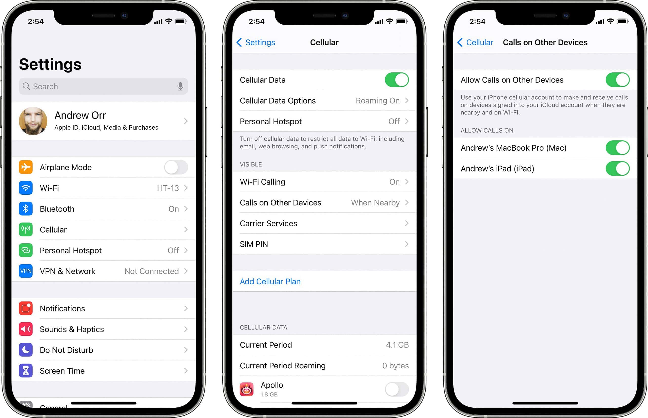 Screenshots of iPhone settings to manage calls on other Apple devices.