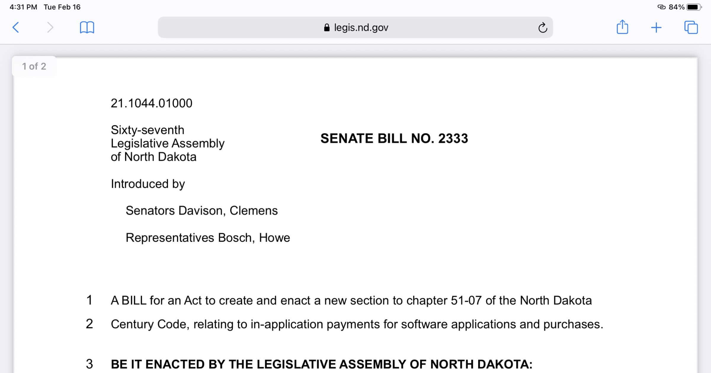 North Dakota senate bill 2333