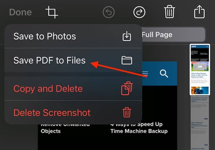Select Save PDF to Files take screenshot full webpage export pdf iphone