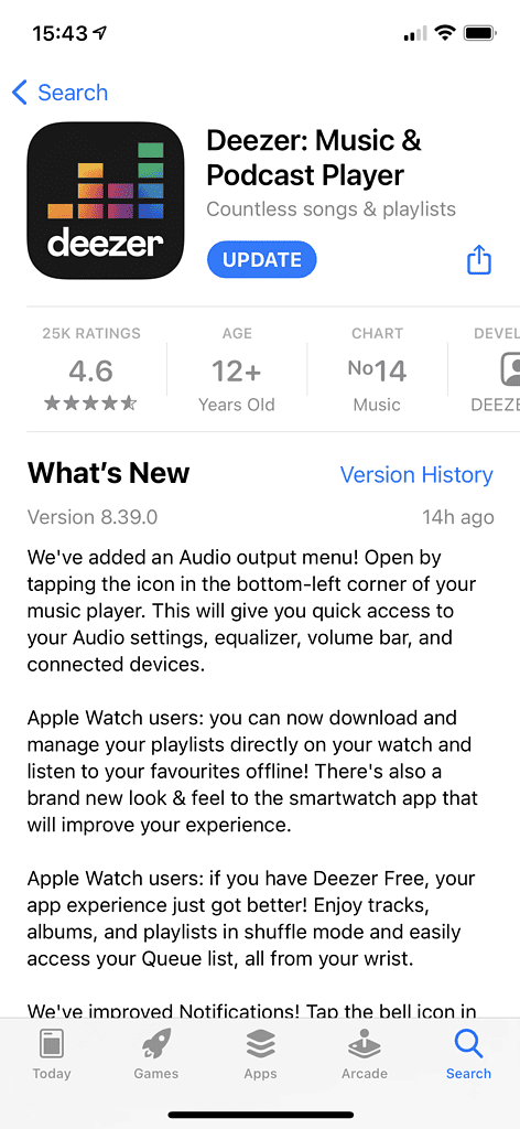 Deezer Apple Watch update iOS