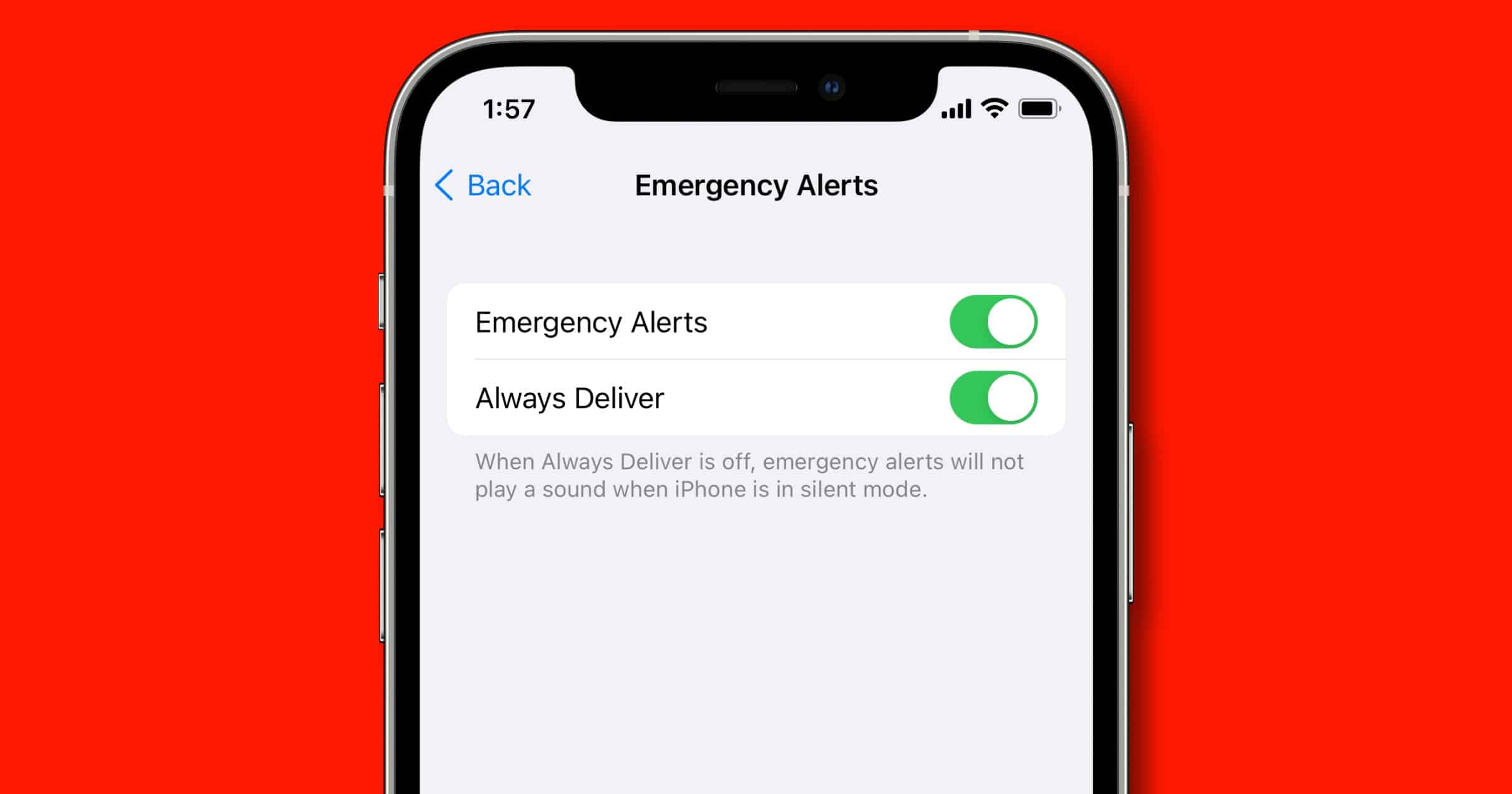 Emergency alerts in iOS settings