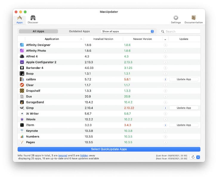 MacUpdater showing Mac apps with updates available