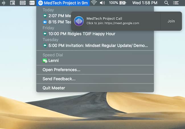 Meeter menu bar item showing upcoming web meetings