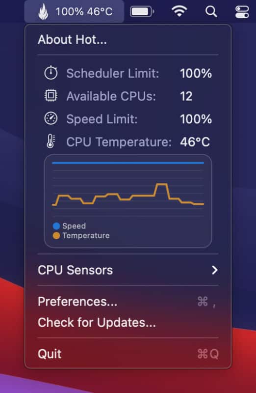 Hot menu bar item showing CPU temperature and status