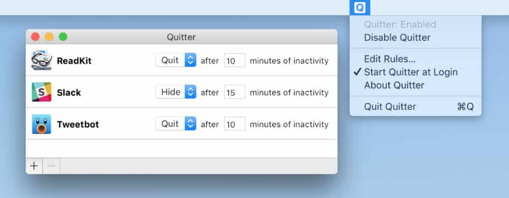 Quitter menu bar item showing which apps will automatically quit