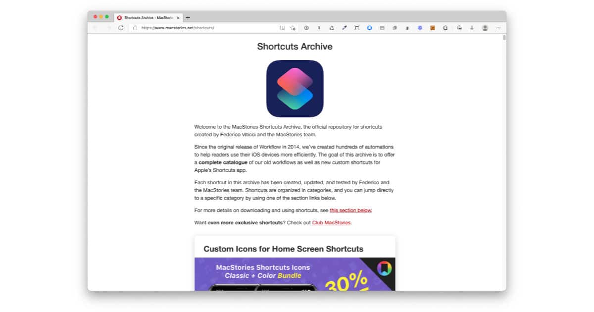 MacStories website showing its Shortcuts library