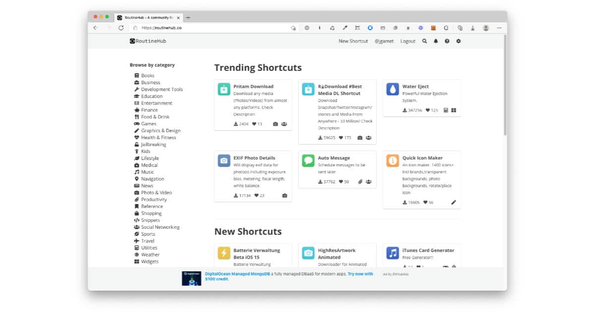 RoutineHub website showing downloadable Shortcuts