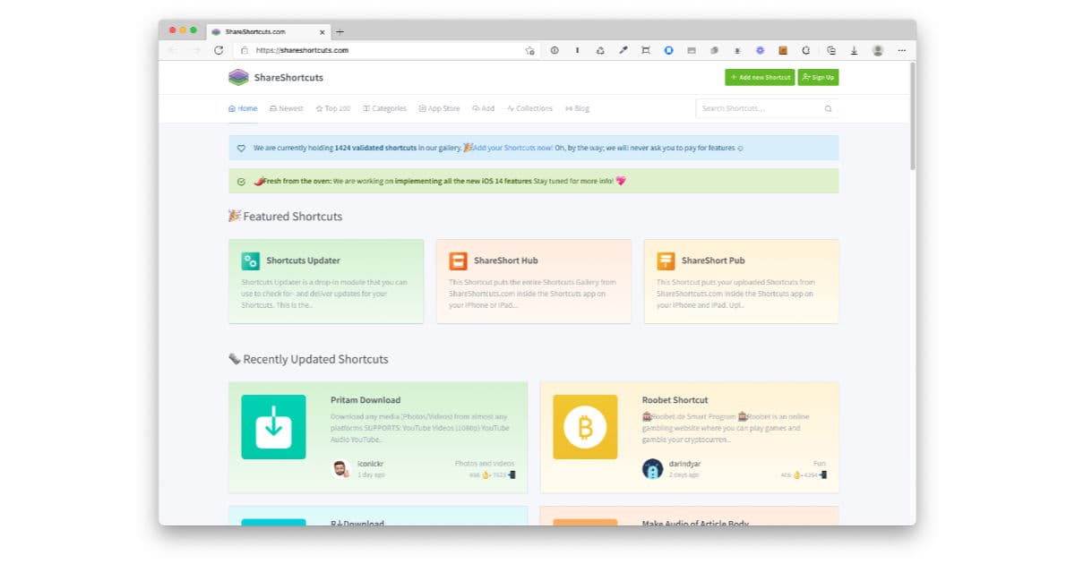 ShareShortcuts website showing downloadable Shortcuts for iPhone and iPad