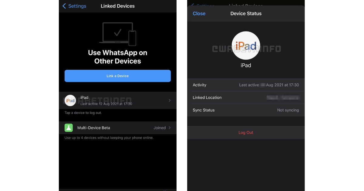 WhatsApp iPhone app showing iPad as a linked device