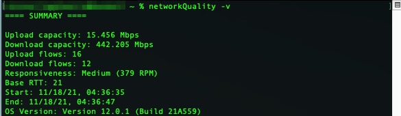 networkQuality Output - Verbose