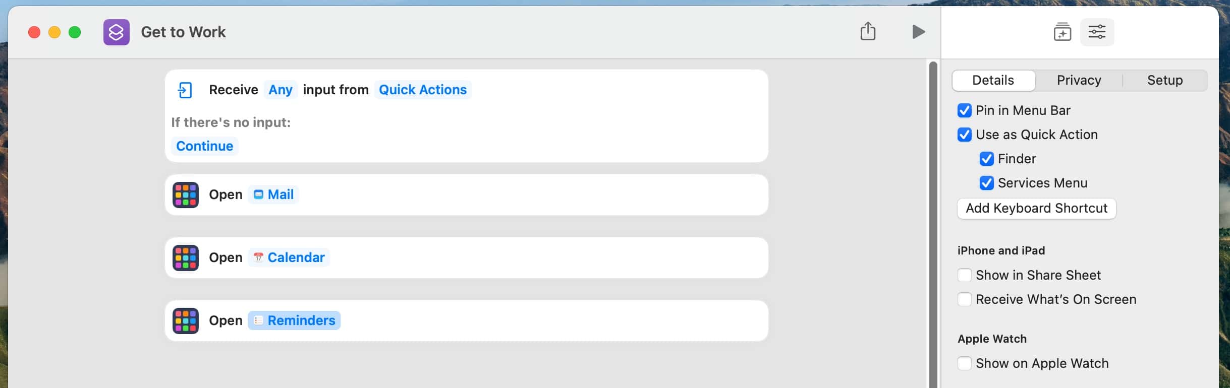 Quick Action and menu bar options in macOS Shortcuts