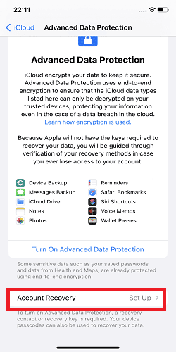 tap on account recovery setup