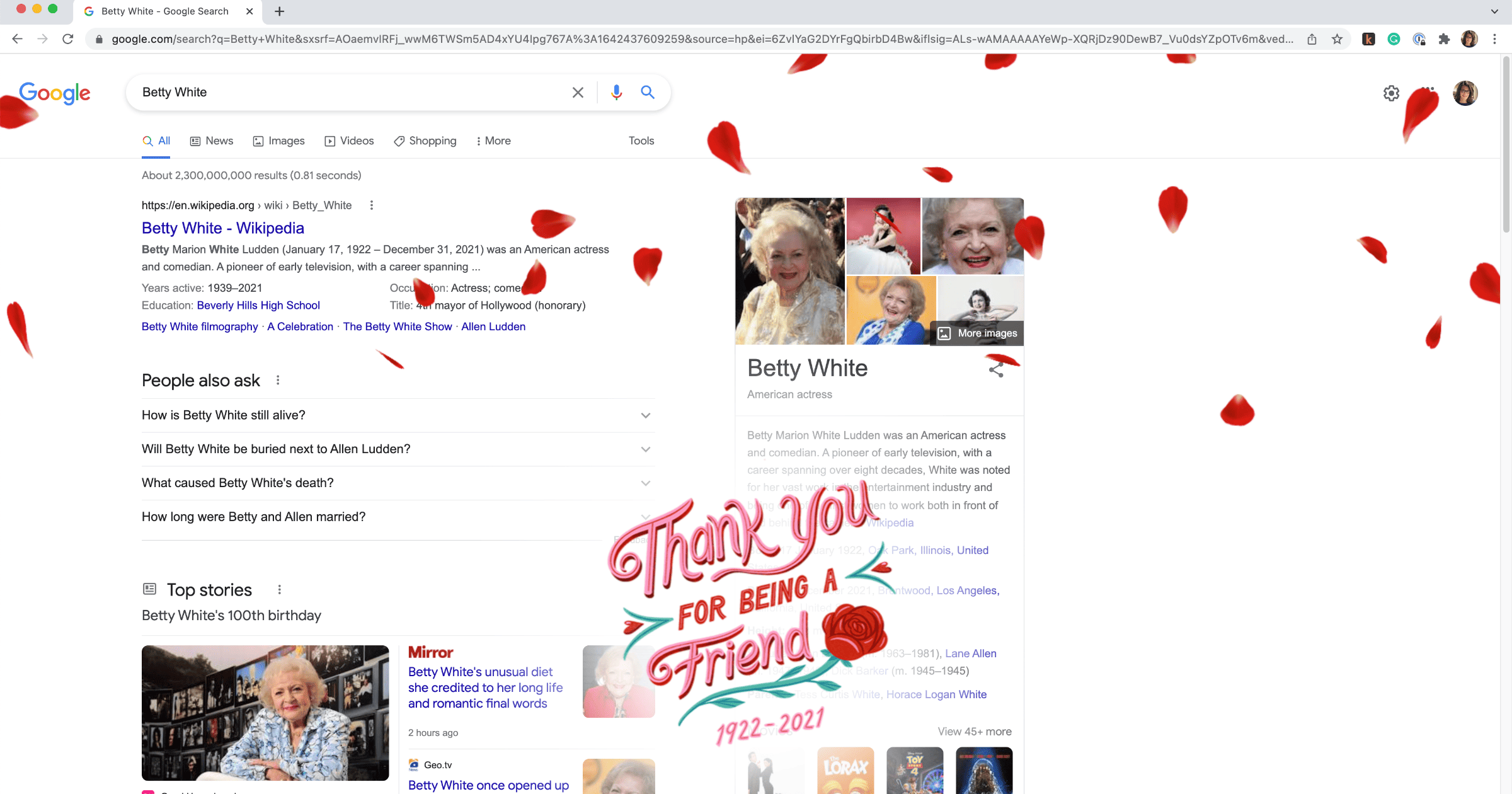 Google Easter Egg Celebrates Betty White’s 100th Birthday