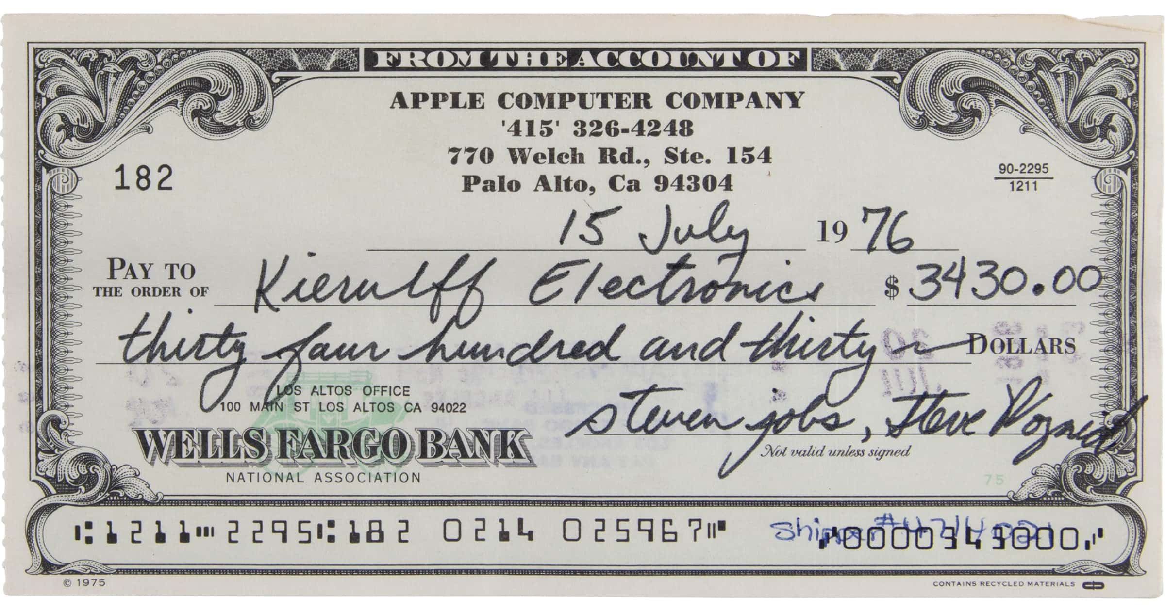 1976 Apple Computer check signed by Steve Jobs and Steve Wozniak