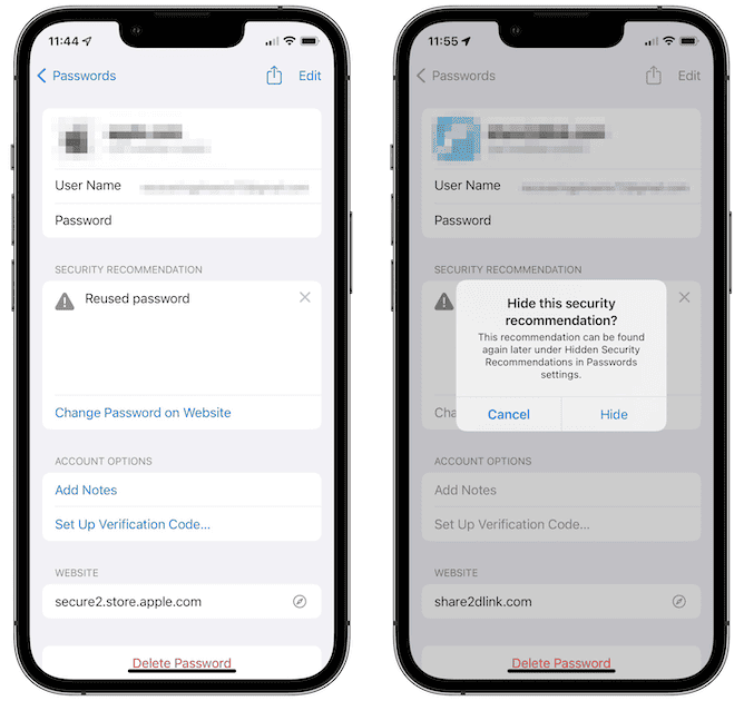 Hide iCloud Keychain Security Recommendations