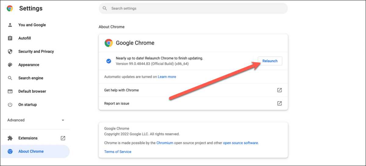 Google Chrome Browser Relaunch to Update