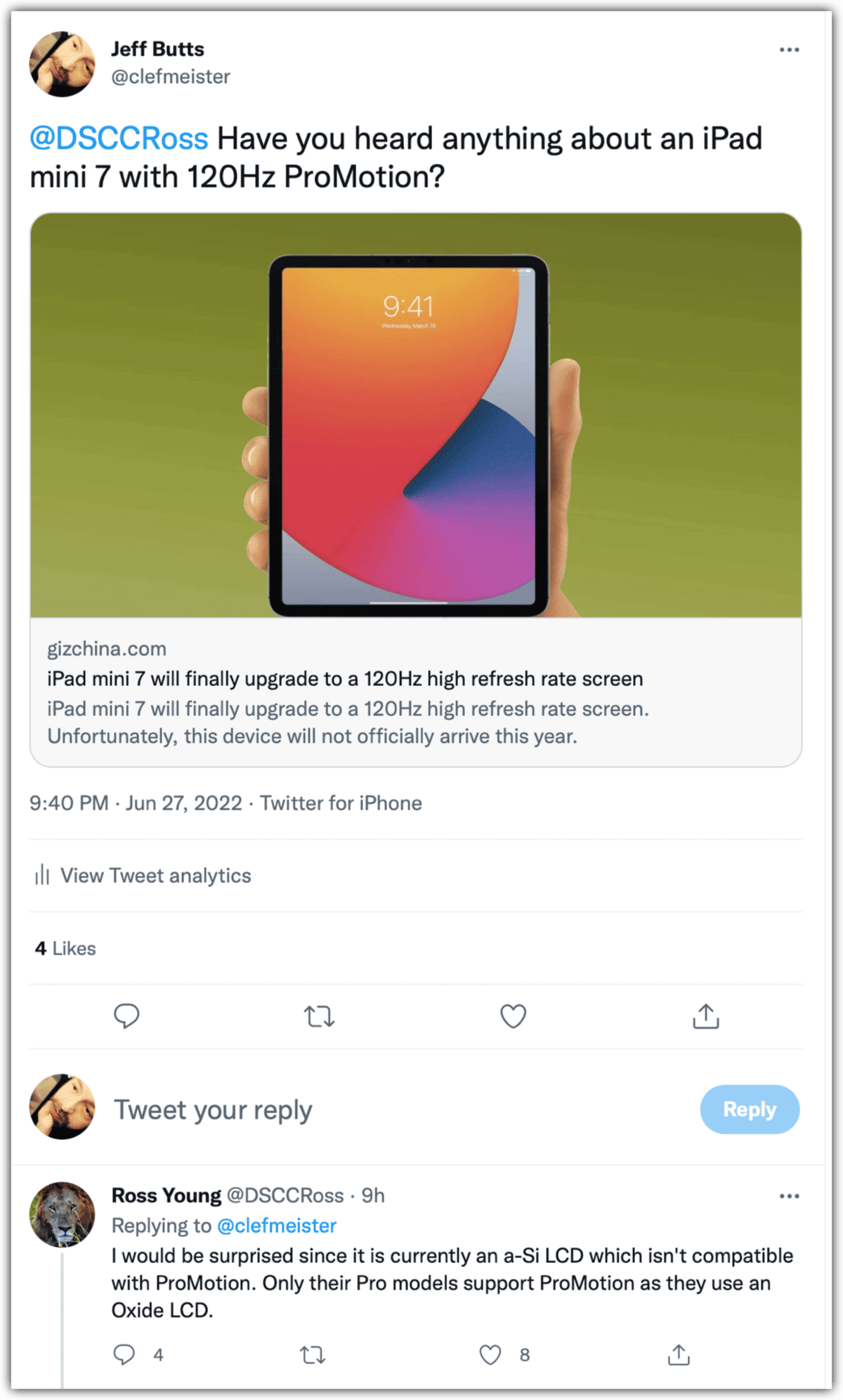 Young tweet iPad mini ProMotion rumor