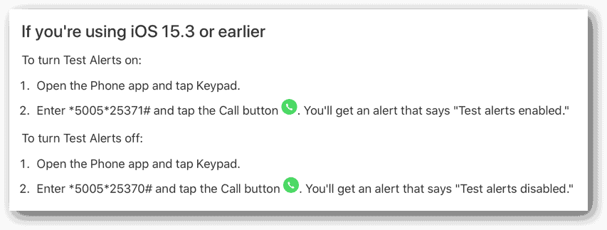 iOS 15.3 disable test alerts
