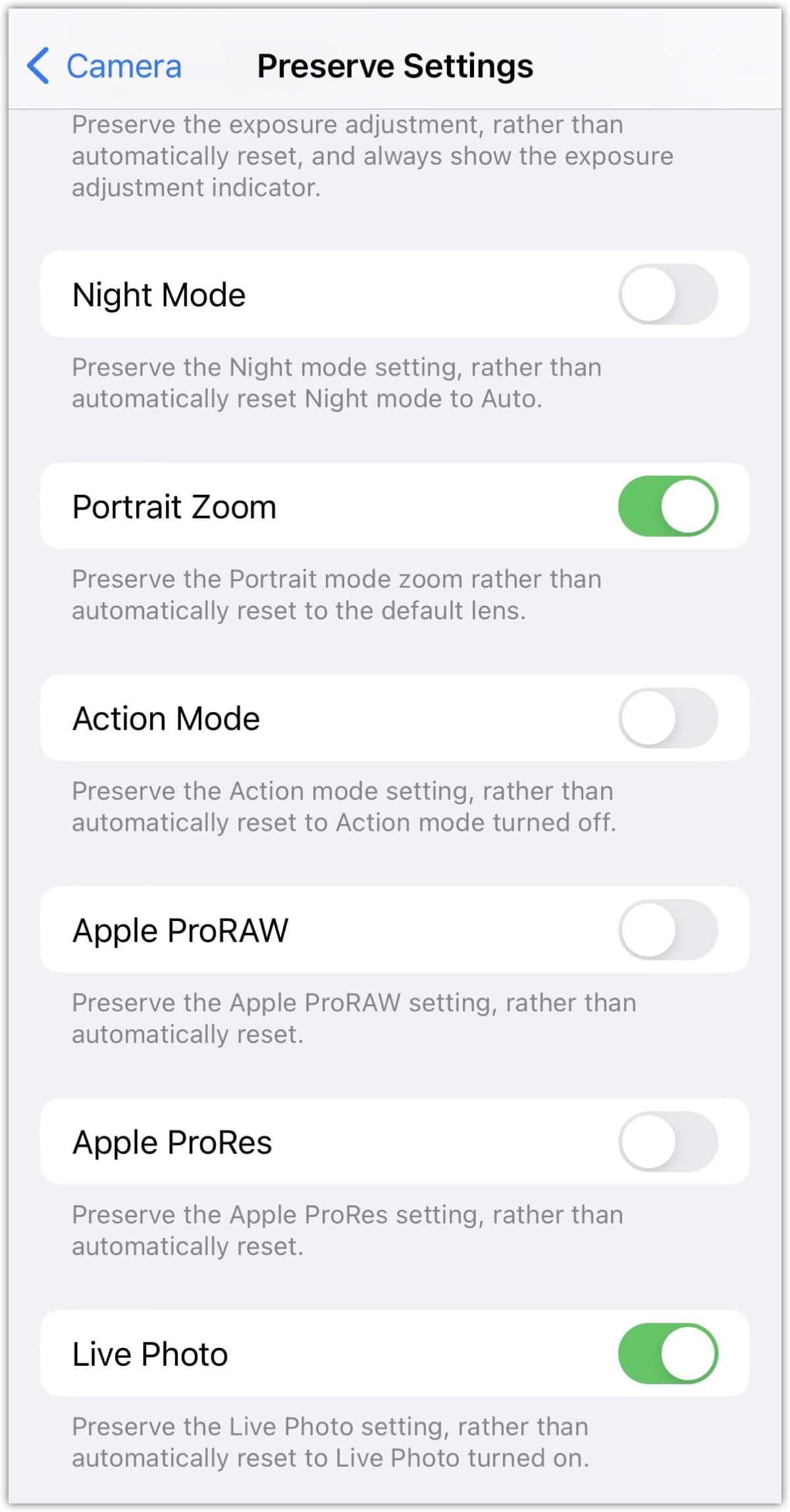 Preserve Camera Settings in iOS