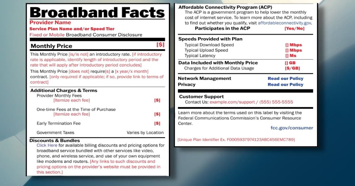 FCC Broadband Nutrition Label Template